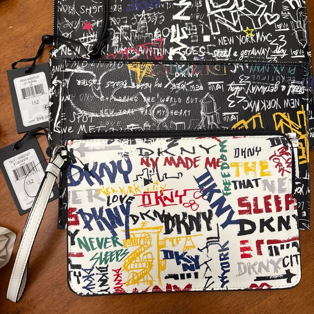 DKNYC Black and White Clutch Graffiti Print Wristlet Bundle
